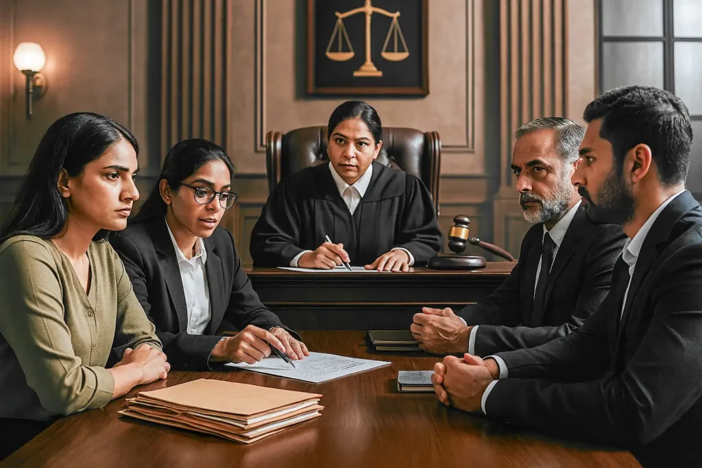 Family lawyers in Bangalore providing representation in a courtroom for divorce and family matters.