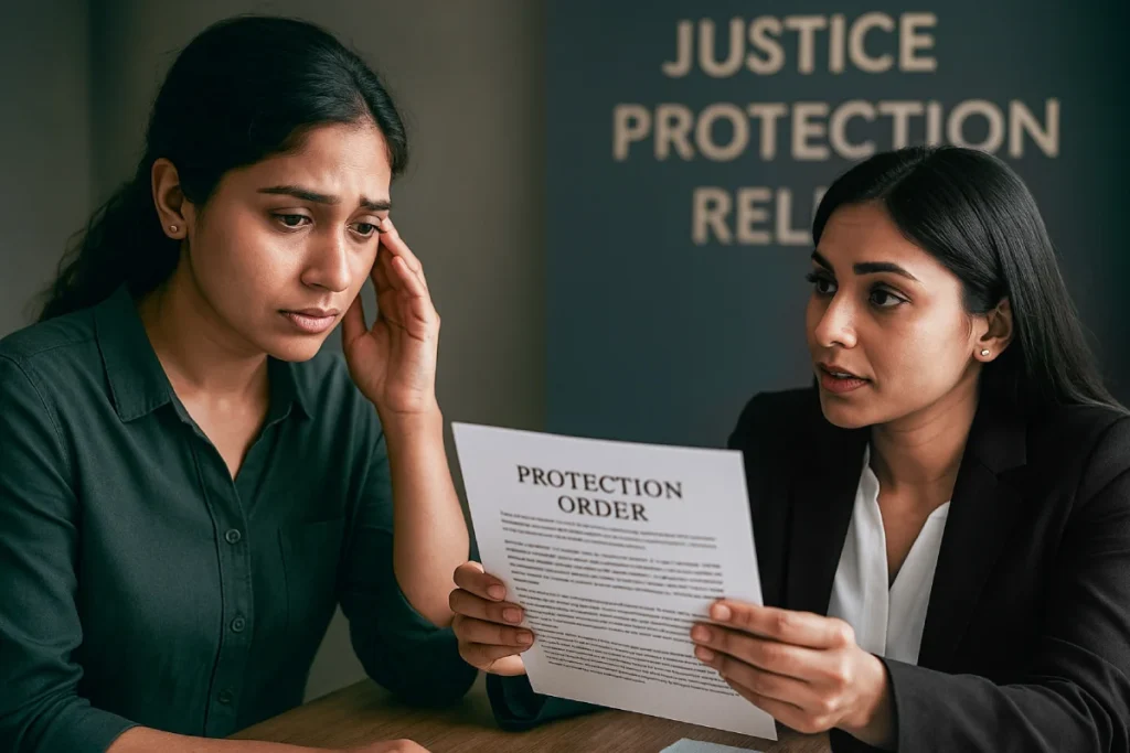 Domestic violence victim seeking legal protection from a lawyer in Bangalore, with a protection order.