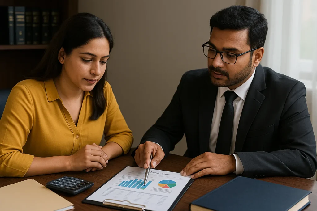  Divorce lawyer in Bangalore discussing maintenance and alimony calculations with a client, reviewing financial documents and charts.