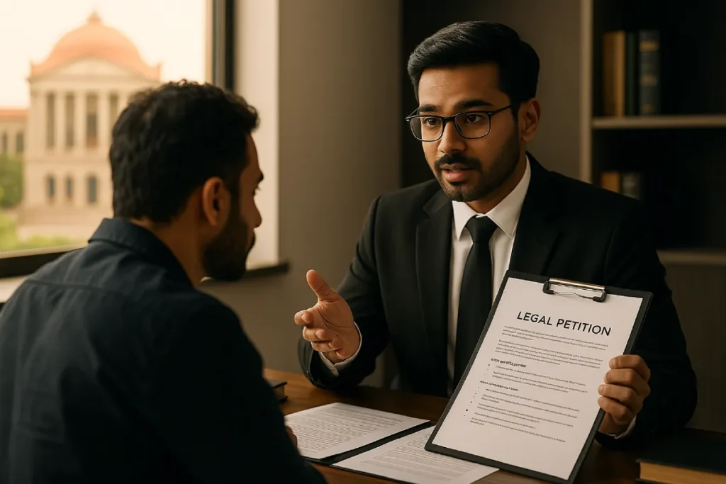 Criminal lawyers in Bangalore discussing FIR quashing and legal remedies with clients.