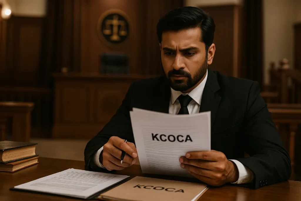 Criminal lawyers in Bangalore reviewing organized crime case files under KCOCA Act.